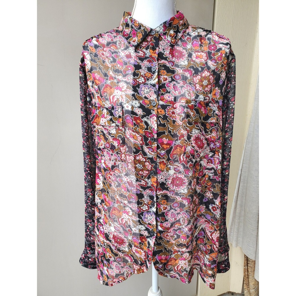 Band of Gypsies Shirt Womens Large Sheer Floral Button Up Long Sleeve Boho Chic